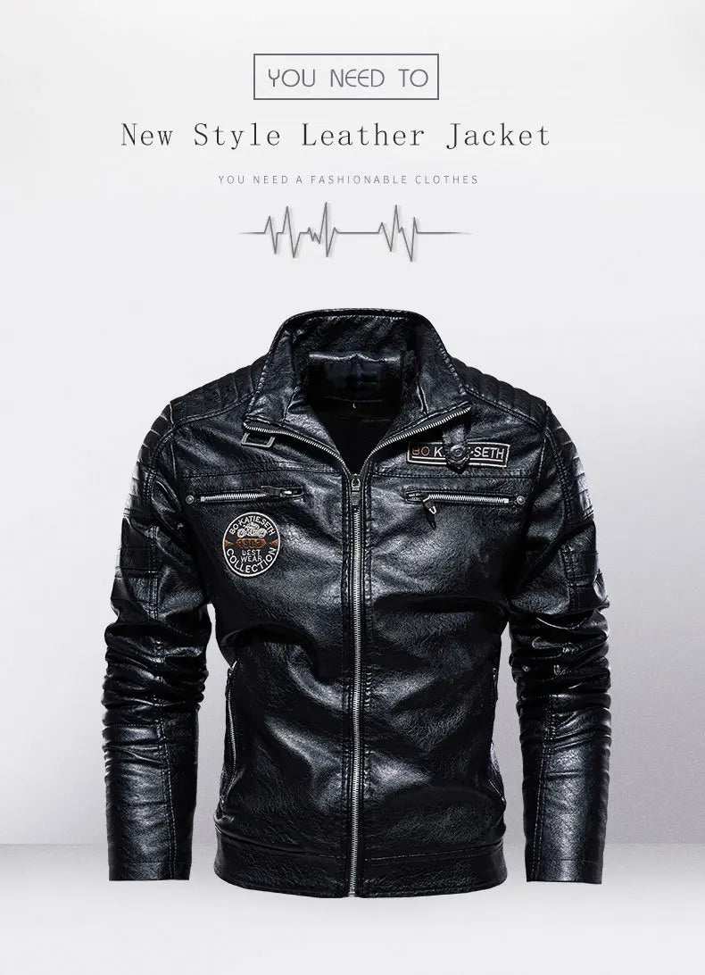 Chaqueta de Motociclista para Hombre, Chaquetas de Cuero PU para Motociclista con Forro Polar, Cortavientos de Moto para Hombre, Cuello Levantado, Chaquetas Casuales