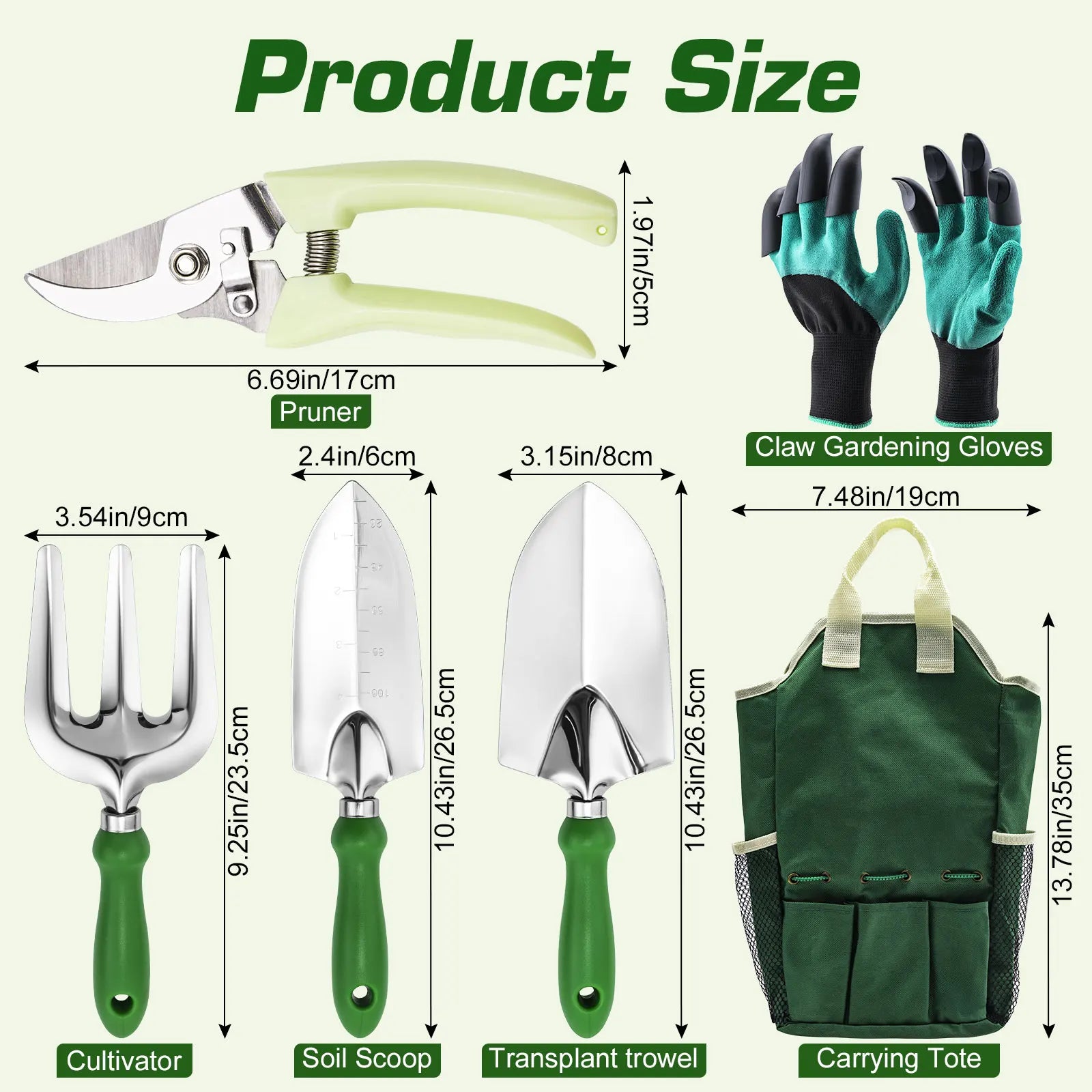 Juego de herramientas de jardinería que incluye tijeras de podar, guantes de jardinería con garras, cultivador, paleta de trasplante, pala para tierra, herramientas de plantación para exteriores
