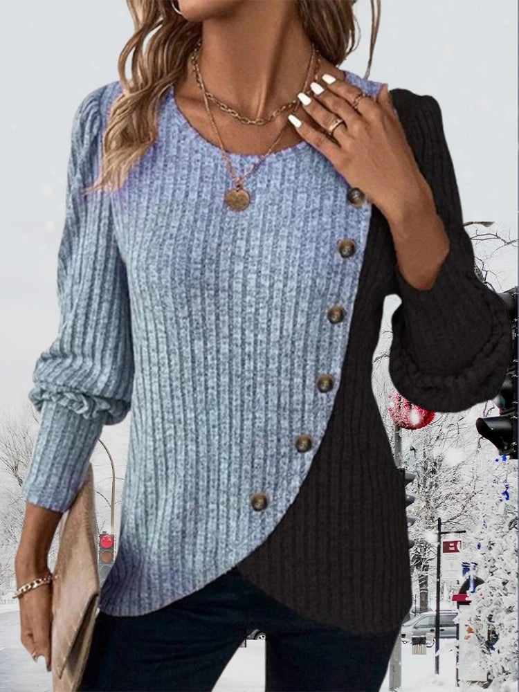 Jersey de otoño de manga larga con botones y rayas para mujer, jerséis de punto con cuello redondo, manga larga, colores en contraste, ropa de punto suelta y sencilla
