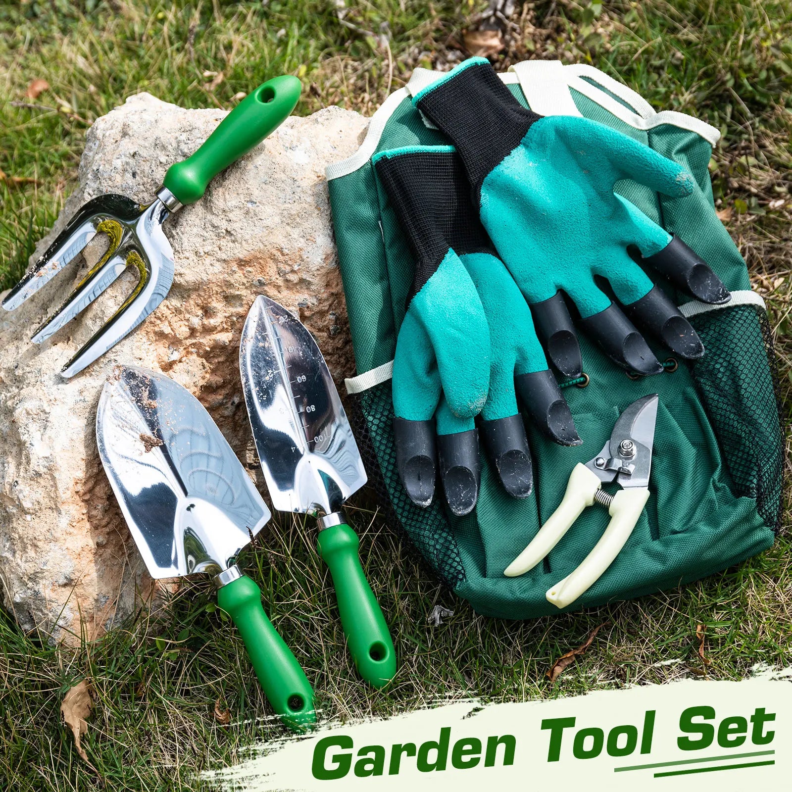 Juego de herramientas de jardinería que incluye tijeras de podar, guantes de jardinería con garras, cultivador, paleta de trasplante, pala para tierra, herramientas de plantación para exteriores