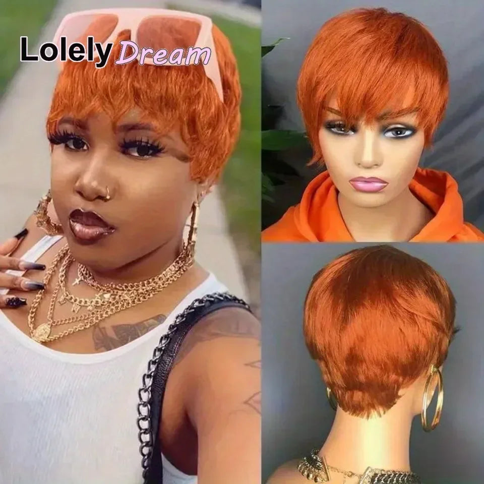 Peluca Lolely Dream Corta Naranja Jengibre 100% Cabello Humano con Flequillo, Peluca Lisa Remy Hecha a Máquina, Peluca Bob con Capas, Corte Pixie para Mujeres