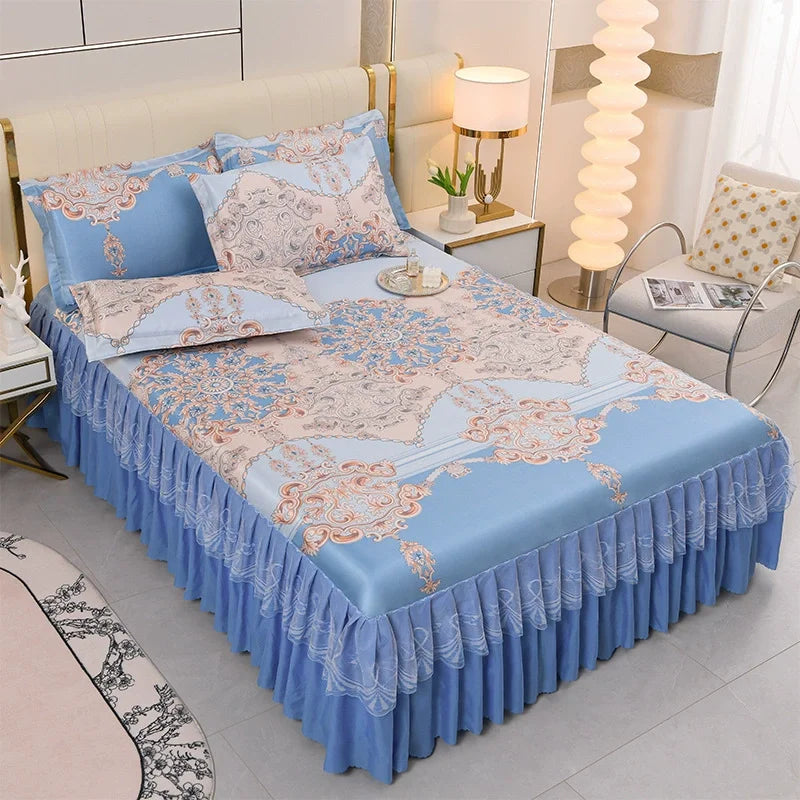 3 deler sommer sengeteppe i skjørtstil, sengeteppe i blonder i europeisk stil, tredelt sett i skjørtstil, sengeteppe i madrass, støvbeskyttelse