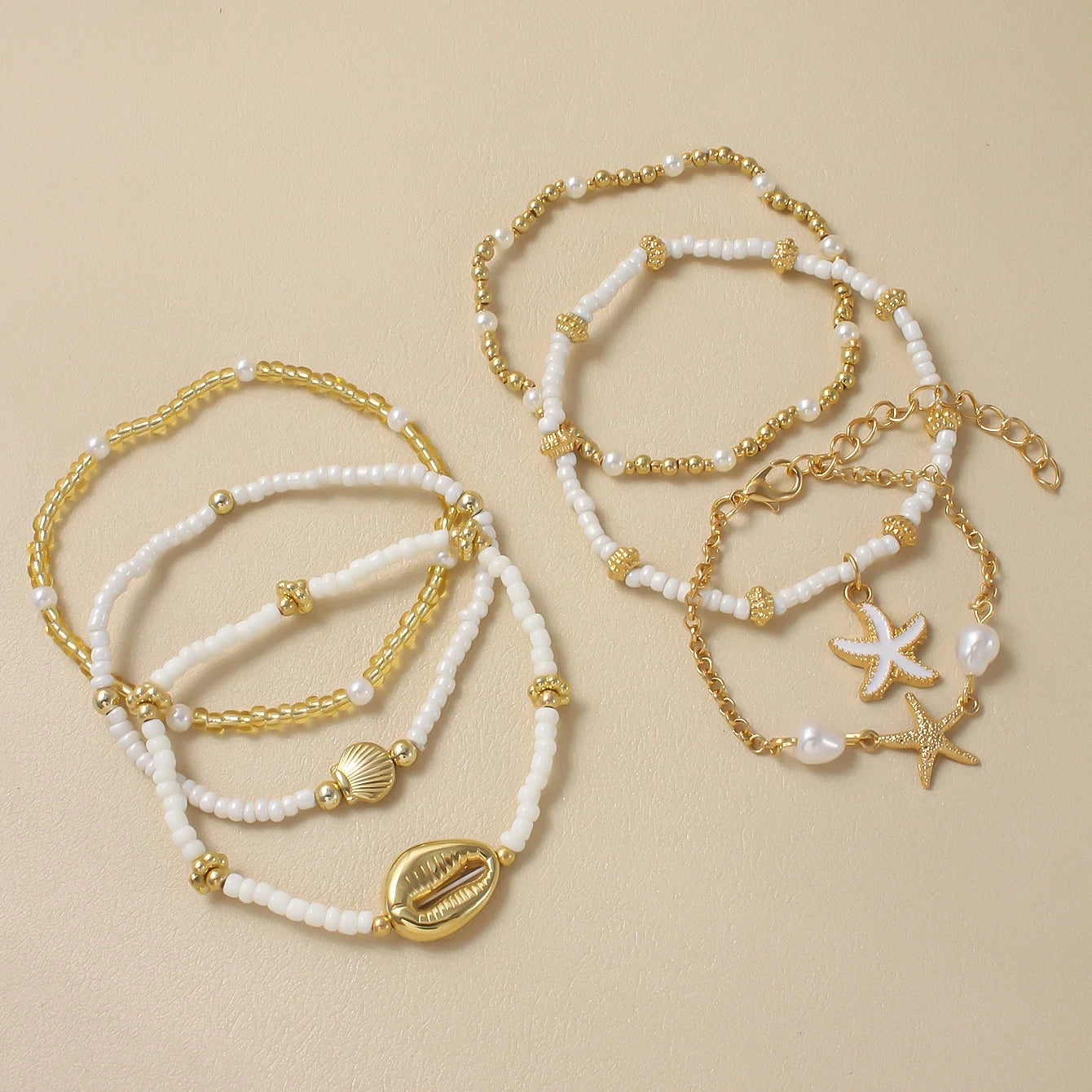 Juego de Pulseras de Cuentas de Estrellas de Mar y Conchas Bohemias para Mujer, Moda Verano Playa, Pulseras de Perlas Multicapa Apiladas, Regalos de Joyería para Fiestas