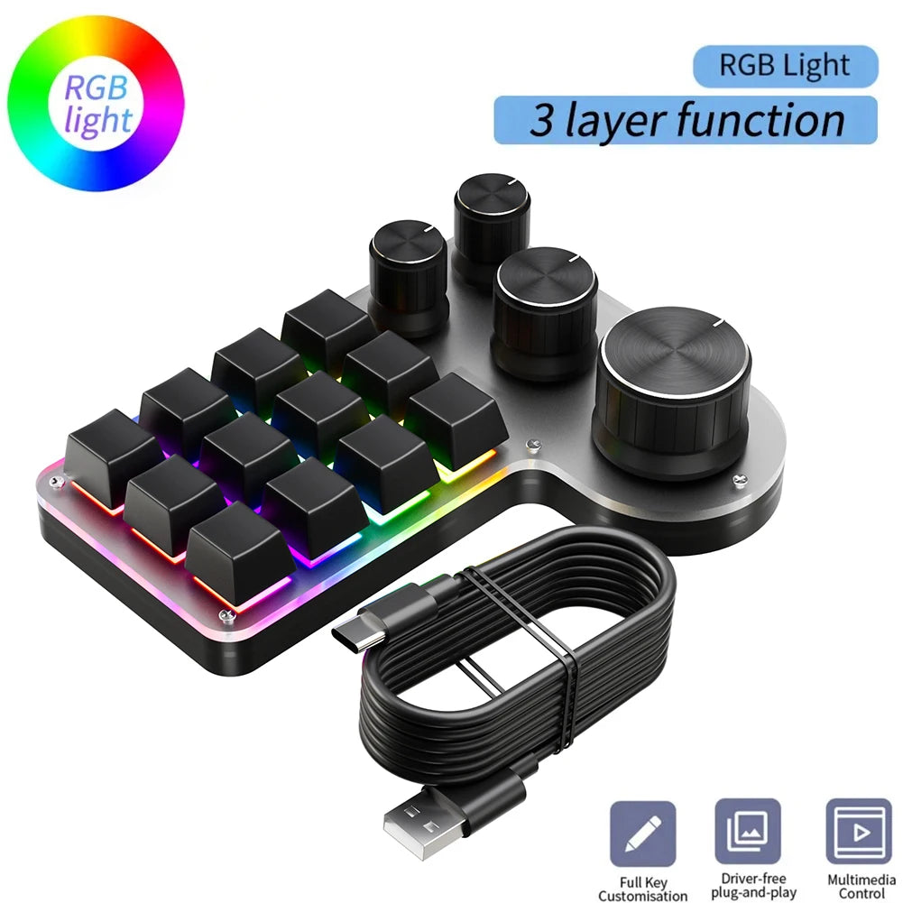 12 Keys 4 Knobs Mechanical Gaming Keyboard USB Wired/Bluetooth-Compatible Programming Macro Keyboard DIY Custom Hot-swap Keypad