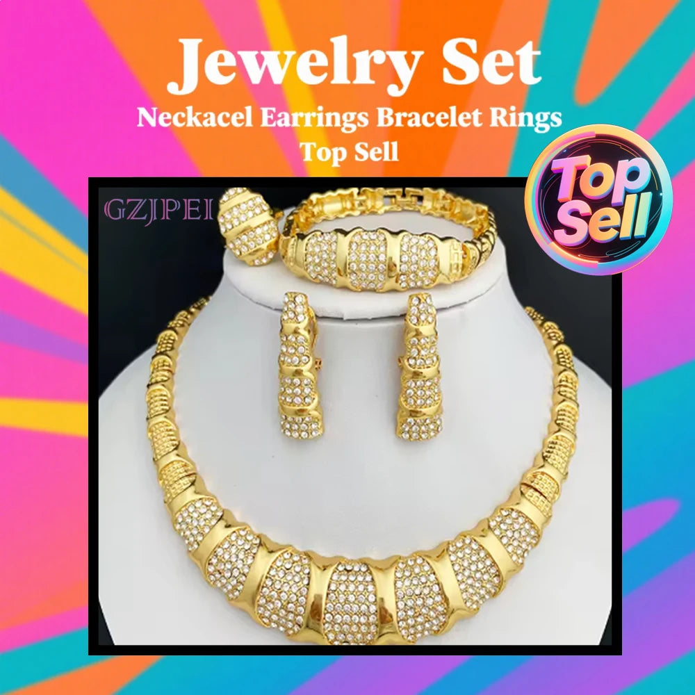 Juego de joyas de Dubái para mujer chapado en oro de 18 quilates, lujoso conjunto de collar, pendientes, pulsera y anillo, joyería para fiesta de boda, tendencia