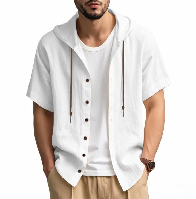 Men's Short Sleeve Shirt Cotton Linen Solid Color Shirts Men Hooded Casual Shirt Man Single Breasted Tops Men Breathable Shirt