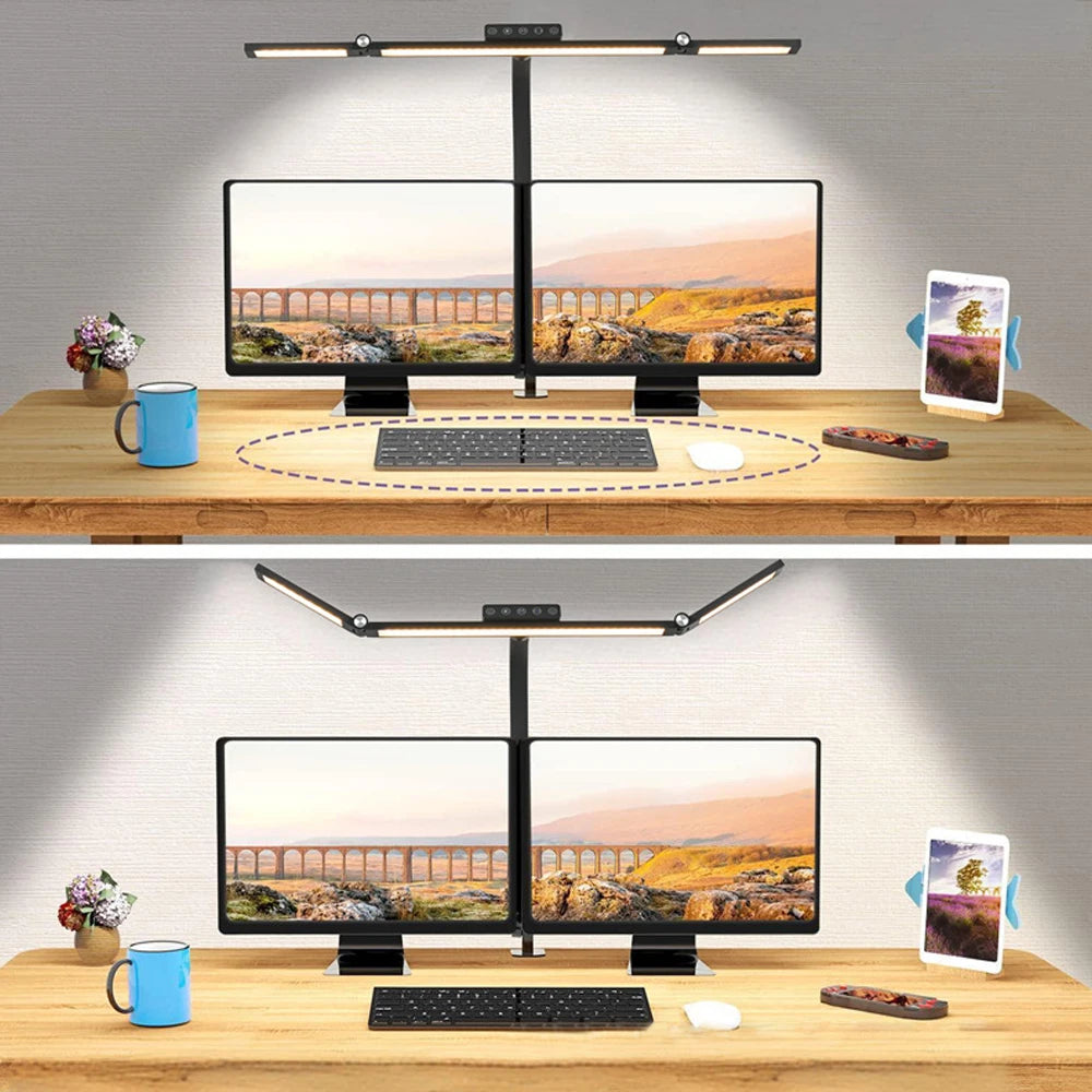 Lámpara de escritorio LED de oficina para el hogar, doble cabezal, atenuación continua, luces de lectura que cuidan la vista, 3 modos de color, lámparas de mesa de PC ajustables y flexibles