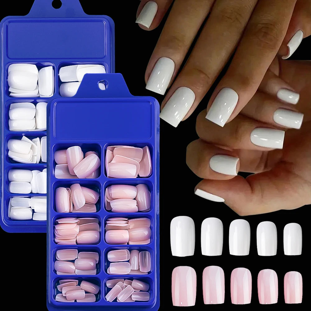 100pcs Short Square Shiny Pure White False Nails Minimalist Style Full Cover Press on Nails Solid Color for Daily Wear Fake Nail
