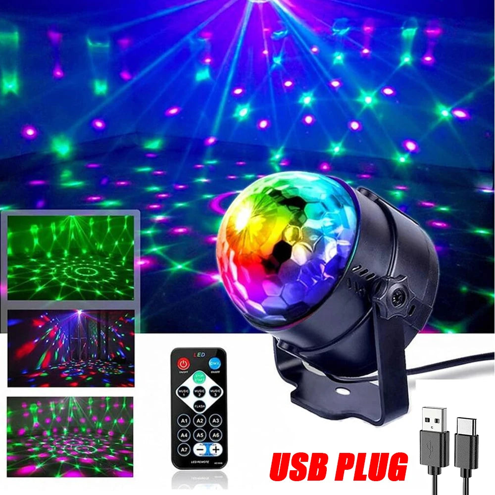 Luz LED de escenario para discoteca, bola giratoria, estroboscópica, control de sonido remoto, mágica, para coche, RGB, regalo de Navidad, fiesta, club, lámpara de espectáculo láser