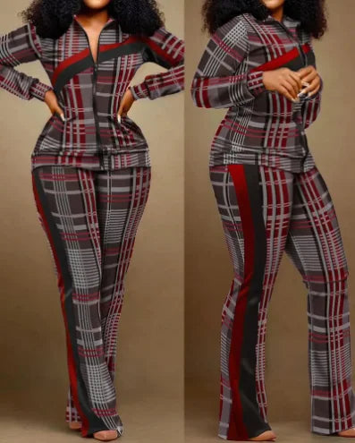 Conjunto de dos piezas para mujer, ropa de otoño, estampado geométrico, cuello levantado, manga larga, top con cremallera y conjunto de pantalón deportivo casual