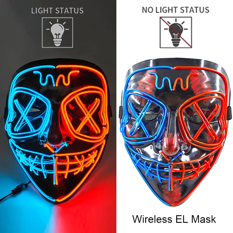 Máscara de purga LED de neón inalámbrica, que brilla en la oscuridad, máscara de cosplay de terror para Halloween, máscaras de fiesta de disfraces, accesorios luminosos divertidos