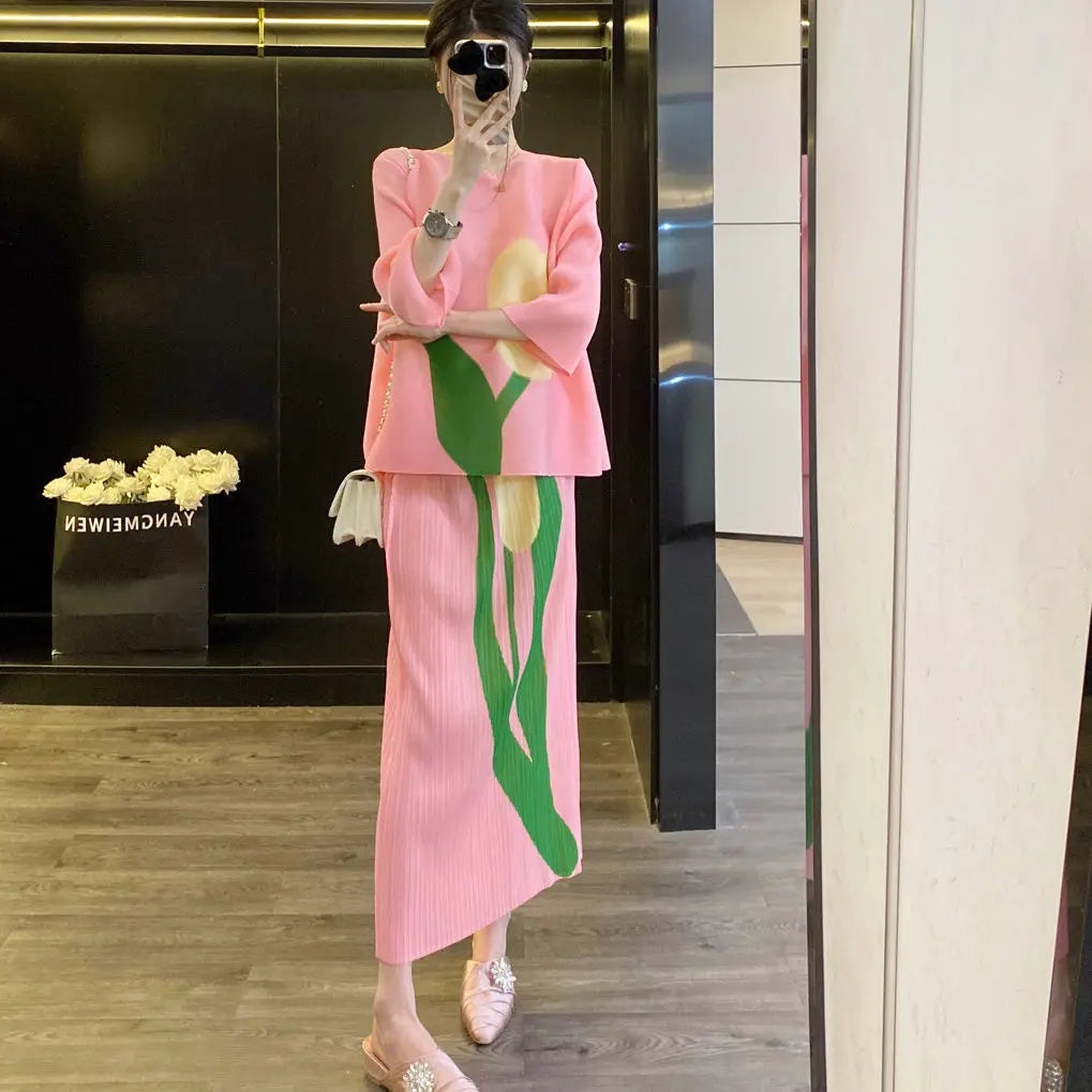 Conjunto plisado de top nuevo estilo adelgazante conjunto de dos piezas de falda de alta gama conjuntos de dos piezas para mujer atuendos faldas