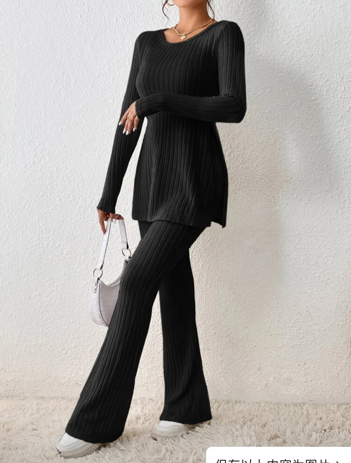 Ropa de Mujer Otoño Invierno Nuevo Estilo Color Sólido Sexy Casual Manga Larga Cuello Redondo Rajado Moda Temperamento Conjunto de Dos Piezas