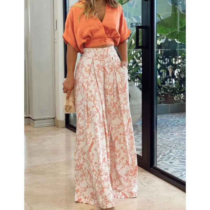 Women Bell Bottom Pants Sets Solid Color Half Sleeve V-neck Shirt Printed Top Wide Leg Pants Summer Fashion 2 Piece Set Clothing