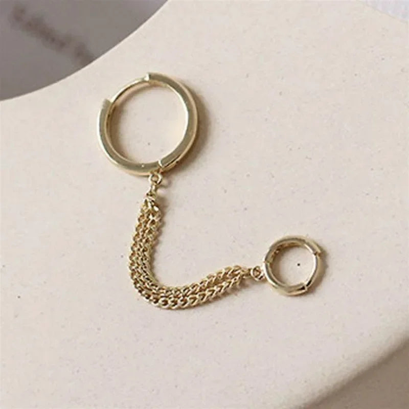 1 pendiente de aro de acero inoxidable con cadena de doble orificio para mujer, accesorios de joyería para la oreja, regalo al por mayor 귀걸이 Aretes