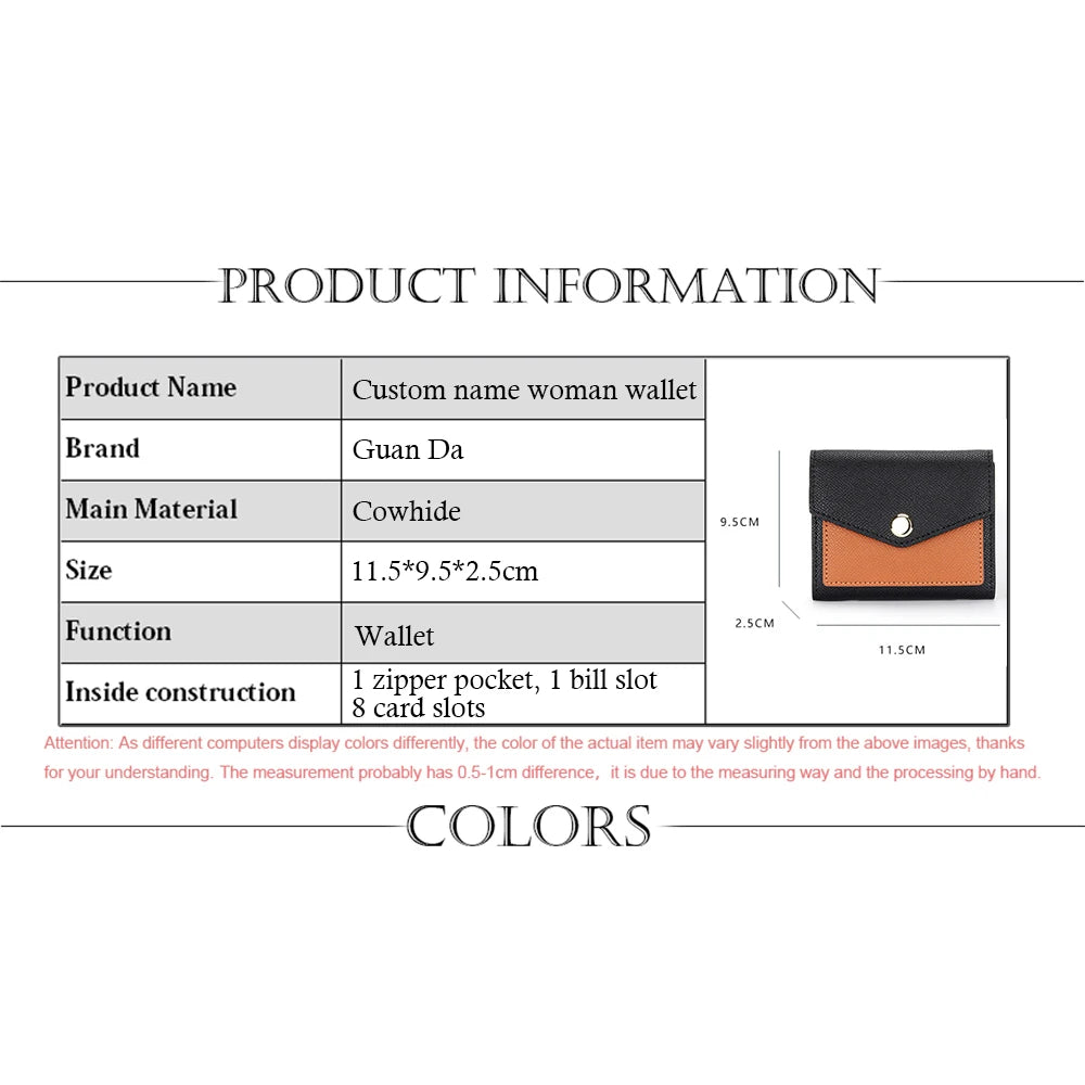 Cartera corta de lujo de diseñador para mujer, de cuero genuino, monedero de marca de moda con iniciales personalizadas, tarjetero de piel de vaca para señora