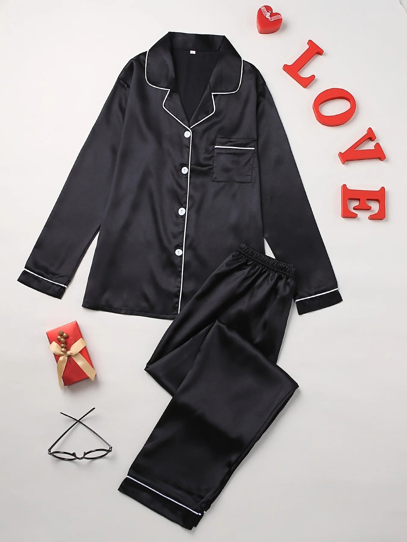 Conjunto de pijama liso de manga larga con botones y cuello tipo solapa, top y pantalones, conjunto de ropa de dormir y de estar para mujer