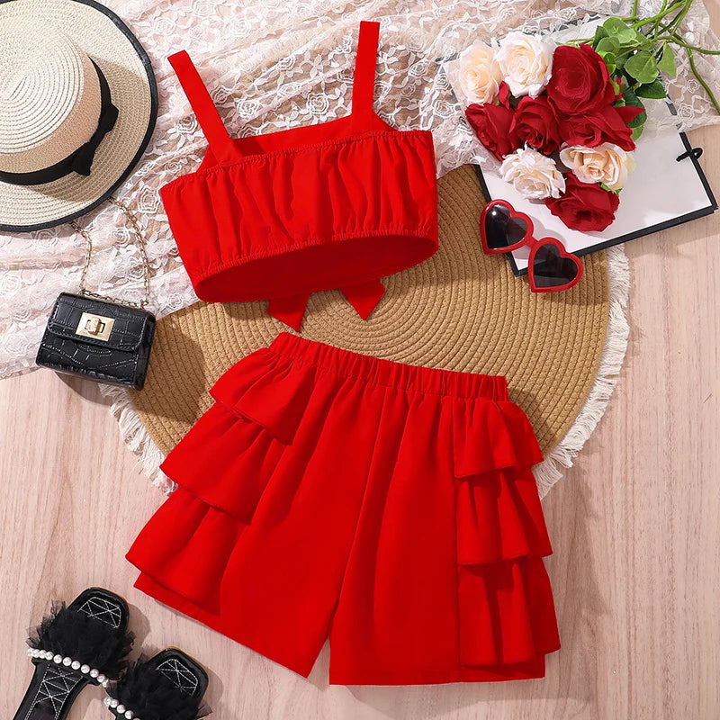 kids Clothing Sets For Girls Red Sleeveless Square Collar Ruffled Bowknot Elastic-Waist 8-12 Years Summer Fashion Sweet Style