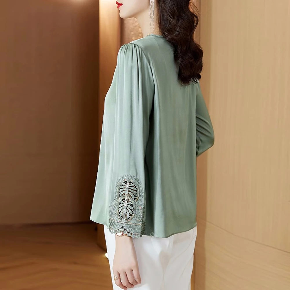Moda Mujer Blusas de Seda Primavera Otoño Camisas de Manga Larga Bordadas Elegantes Tops de Diseño Retro para Oficina