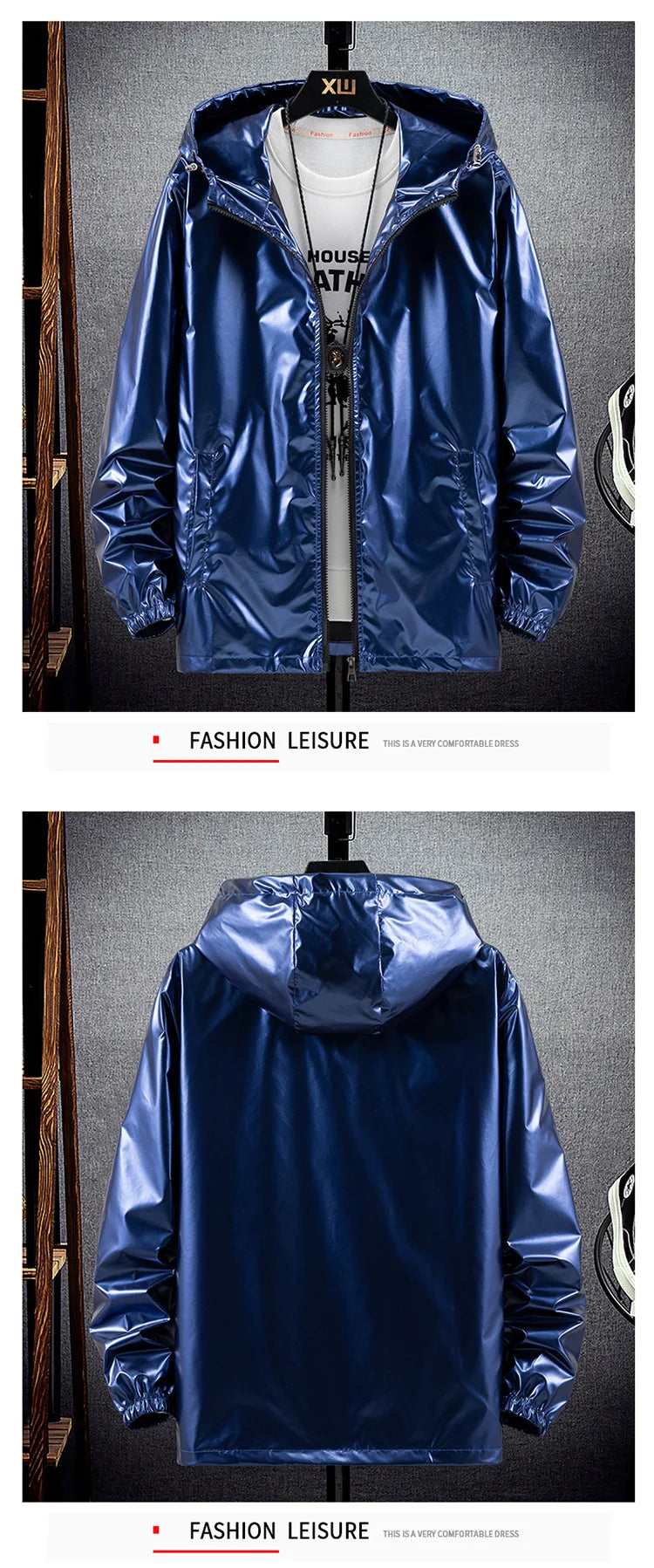 Chaquetas con capucha de superficie brillante para hombre, para senderismo, pesca, deportes al aire libre, cortavientos, estilo fino, abrigos de tendencia, ropa de hombre 7XL