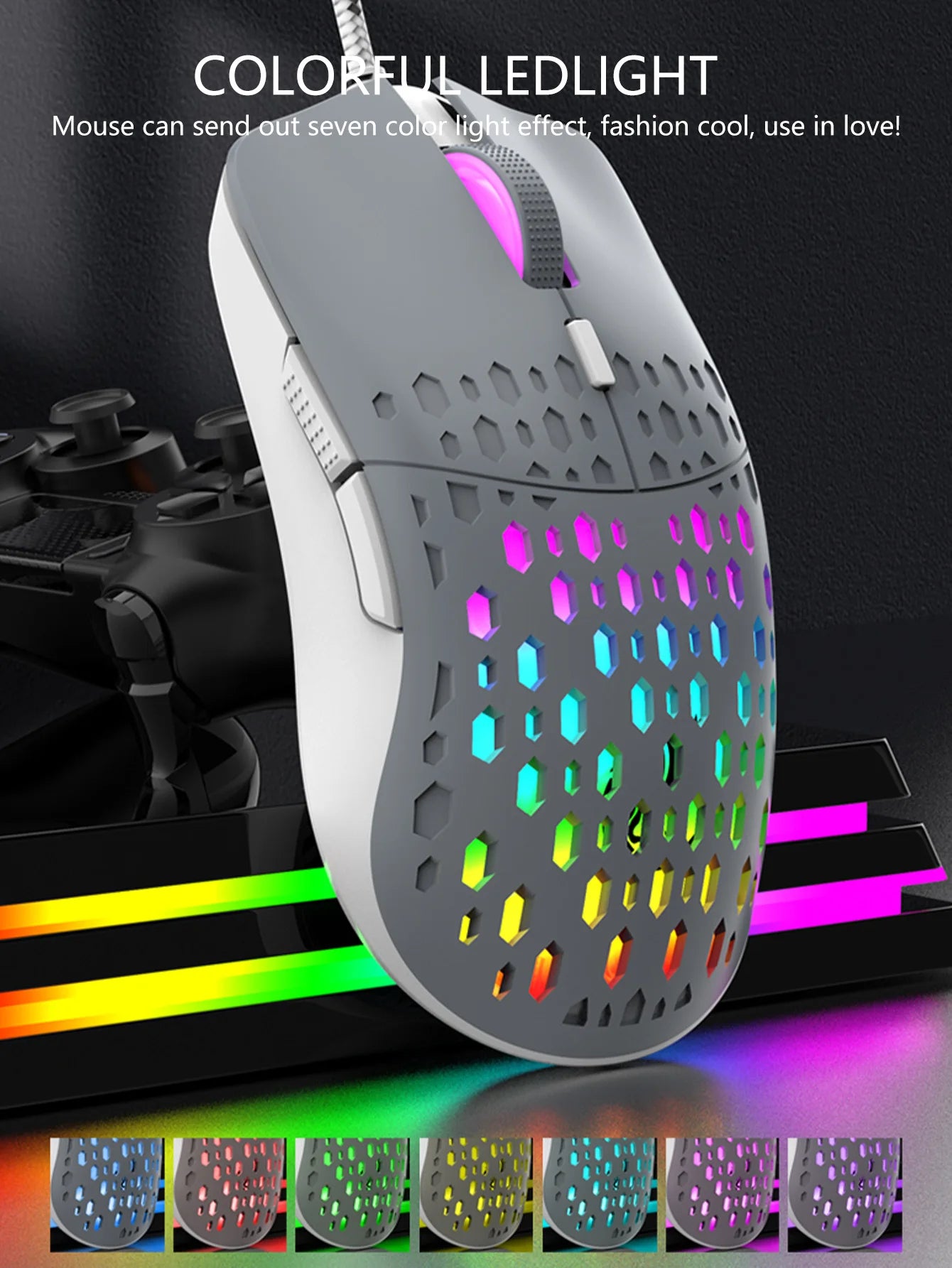 Ratón inalámbrico para juegos, efecto de luz deslumbrante y colorido, DPI variable, ratón perforado con diseño de panal de abeja a la moda