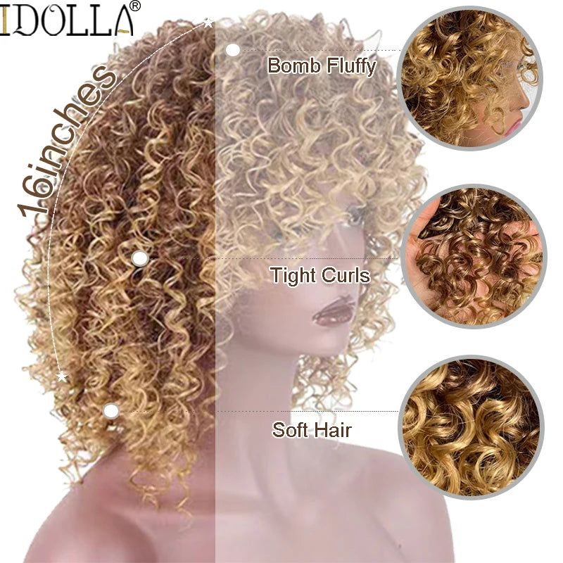 Idolla Short Curly Blonde Wig Synthetic Afro Kinky Curly Wig With Bangs For Black Women Natural Ombre Blonde Cosplay Wig