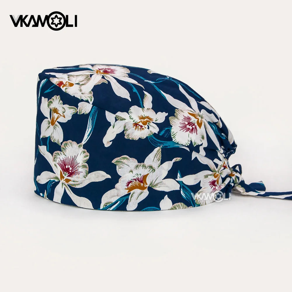 Gorros de enfermería de moda ajustables de algodón con estampado de flores Sombreros ajustables de alta calidad que absorben el sudor Gorro elástico multicolor