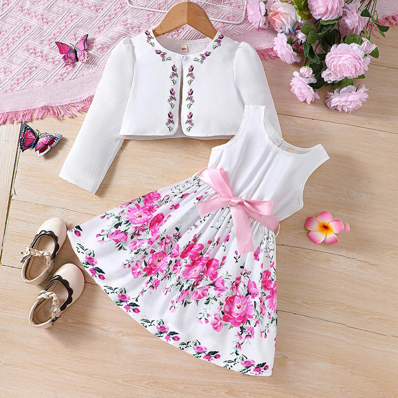 Conjuntos de ropa casual para niños y niñas primavera verano, abrigo de manga larga con estampado floral, vestido sin mangas para niños de 2 3 4 5 6 7