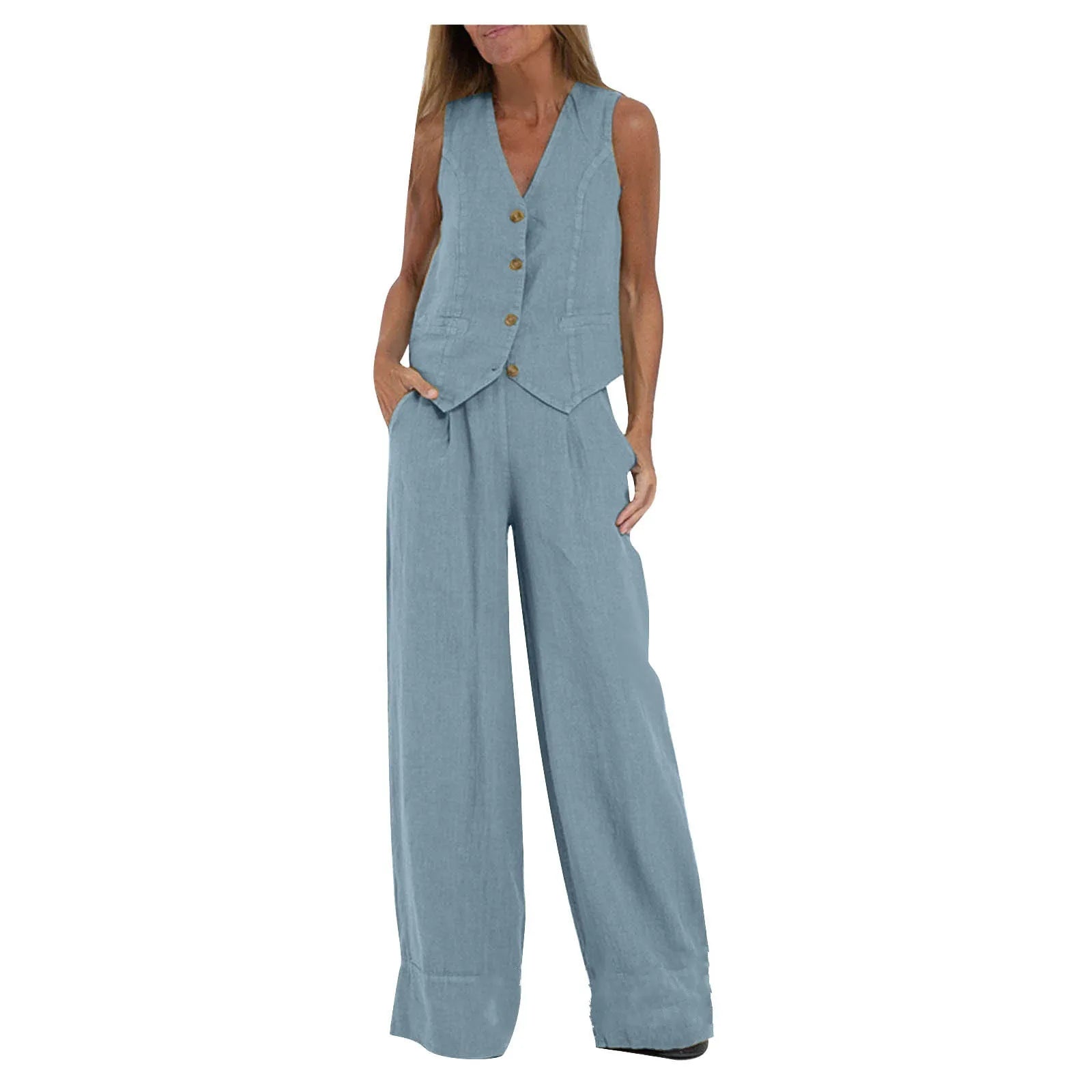 Conjuntos de chaleco y pantalón de moda para mujer, de algodón liso, traje informal, top sin mangas con botones de patchwork + pantalones, conjunto de 2 piezas para la oficina