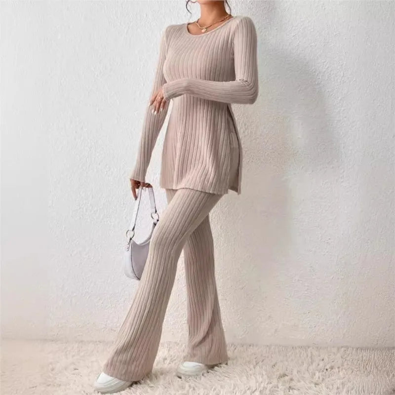 Ensemble deux piĂšces pour femme, vĂȘtements d'automne et d'hiver, nouveau style, couleur unie, sexy, dĂ©contractĂ©, manches longues, col rond, fente, mode tempĂ©rament