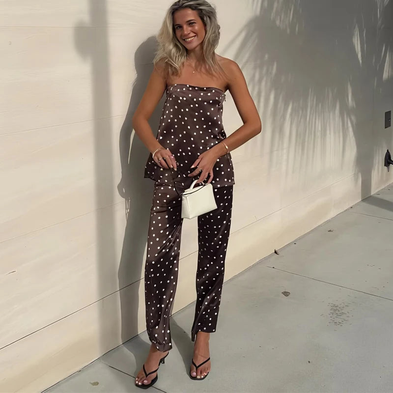 Conjunto de pantalón TRAF de 2 piezas para mujer, pantalones anchos, conjuntos lisos, tops y camisolas sin tirantes, conjunto de dos piezas para mujer, top corto y conjunto de pantalón 088