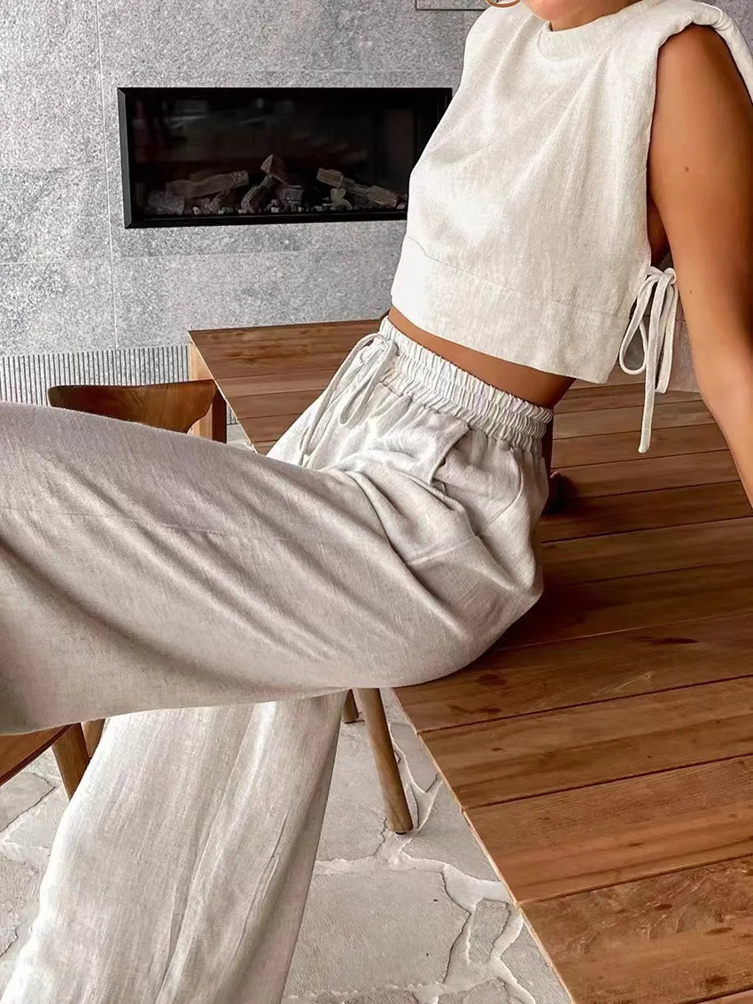 Cotton And Linen Pant Sets Women Sleeveless Leace-up Short Tops Drawstring Long Pants Two Piece Set Commuting 2025 Summer New