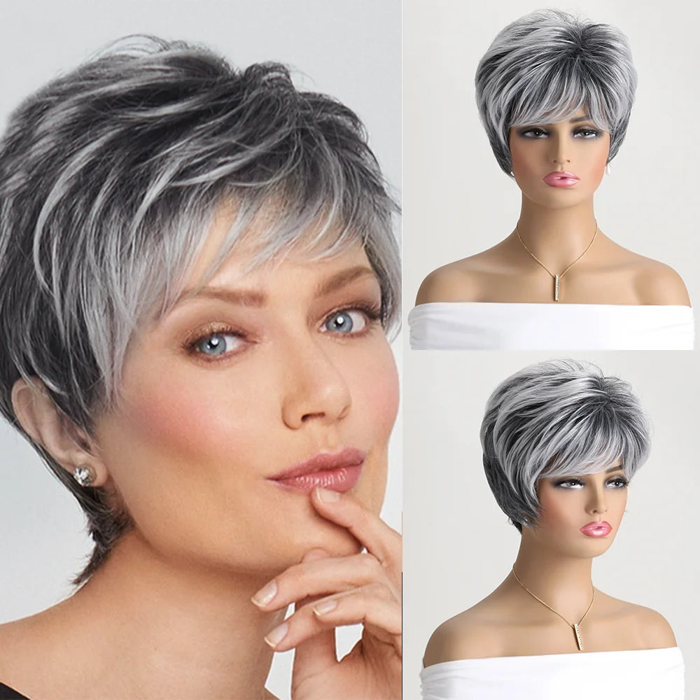 Short Natural Wigs with Bangs Soft Mommy Hair Daily Use Short Grey Ombre Curly Synthetic Hair Costume Party Wig for Women