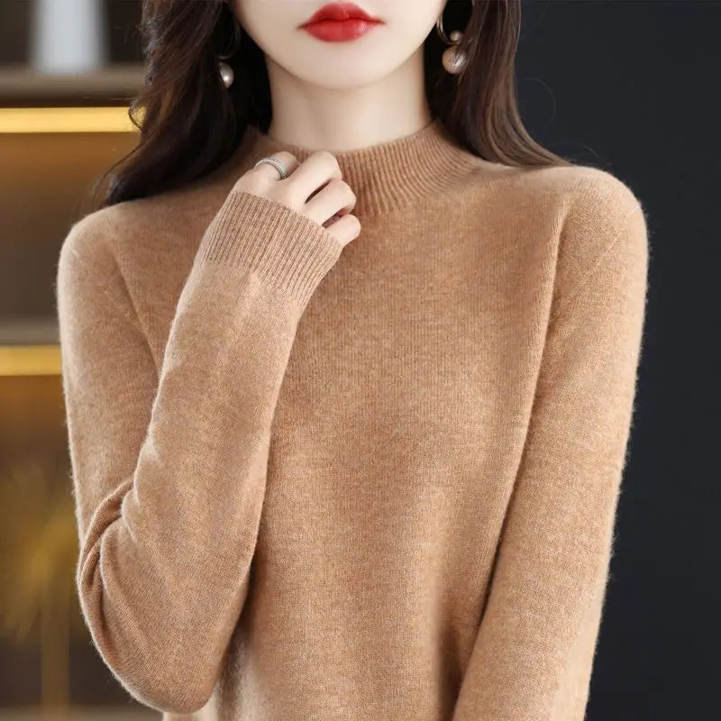 Suéter de mujer otoño invierno, camisas base cálidas casuales, cuello simulado, tejido básico, jerséis de manga larga, moda coreana