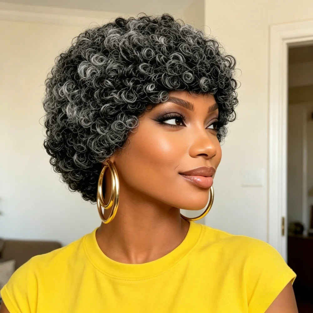Salt and Pepper Gray Short Curly Human Hair Wig with Bangs, full machine made Remy Hair Natural Afro Kinky Curly Wigs for Women