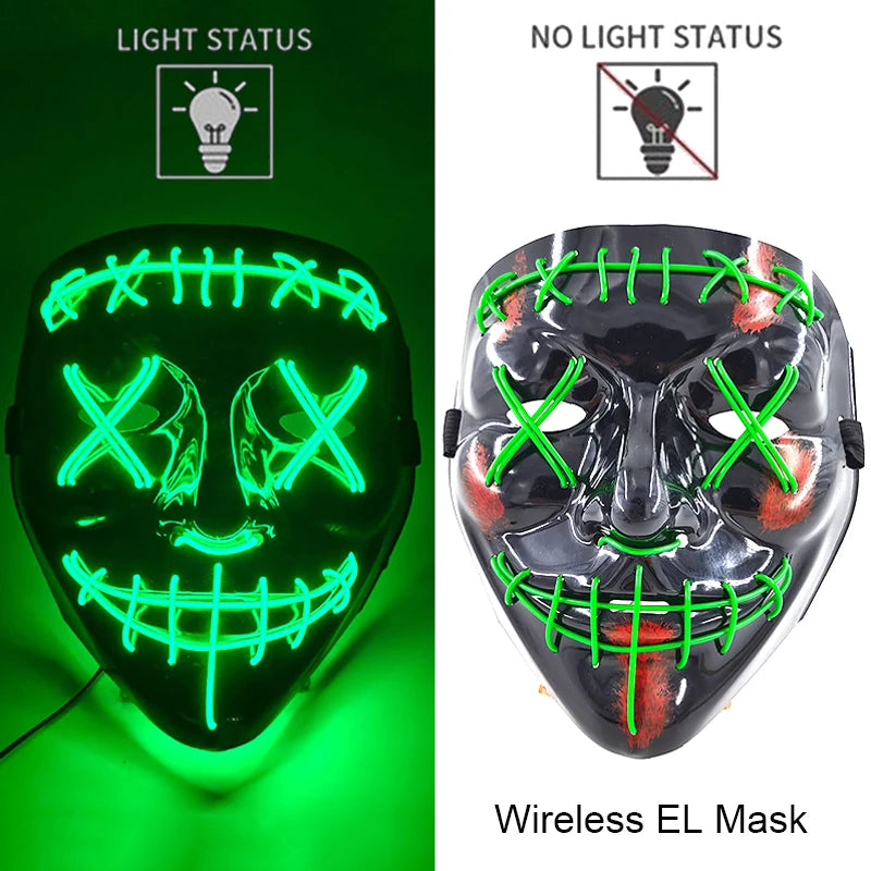 Máscara de purga LED de neón inalámbrica, que brilla en la oscuridad, máscara de cosplay de terror para Halloween, máscaras de fiesta de disfraces, accesorios luminosos divertidos
