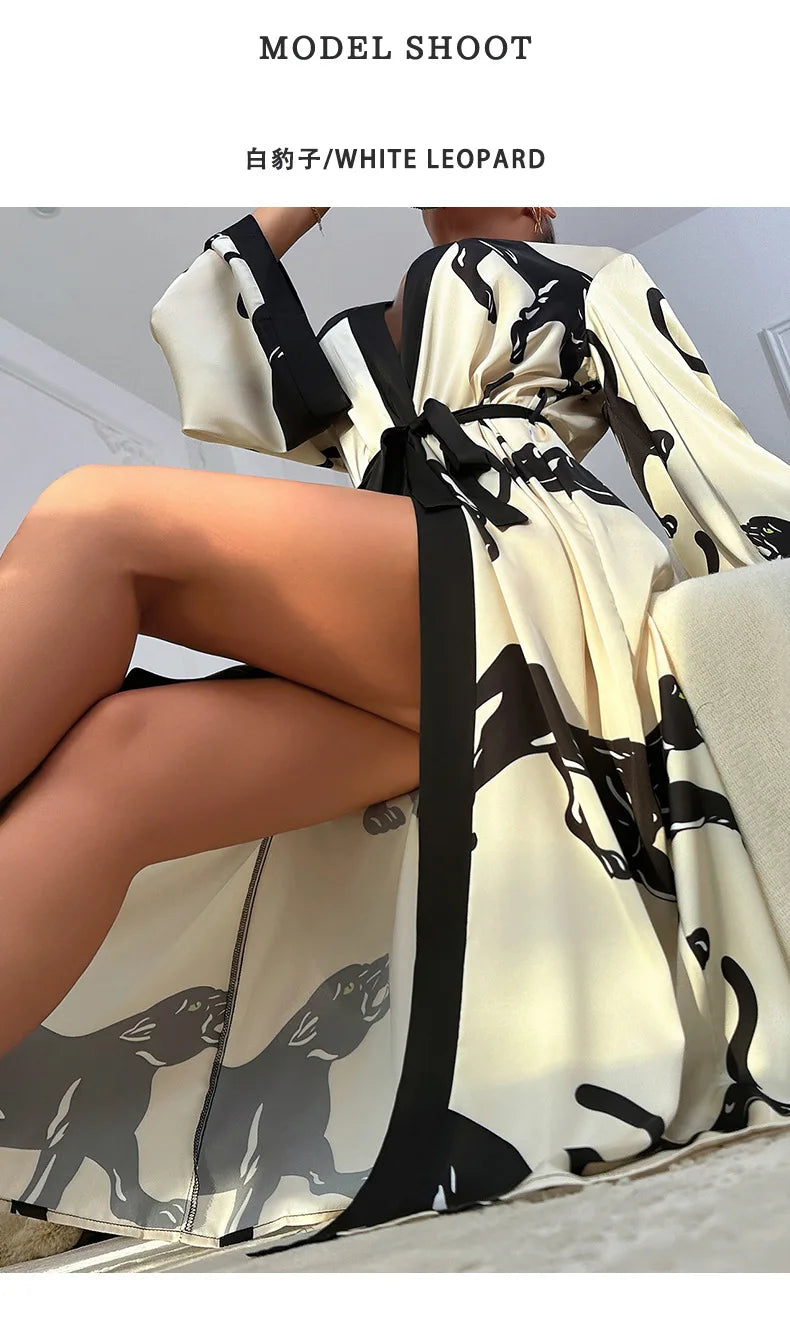 Vestido de fiesta de boda, moda, estampado, bata, ropa de mujer, camisón suelto de seda satinada, manga larga, bata de baño para mujer