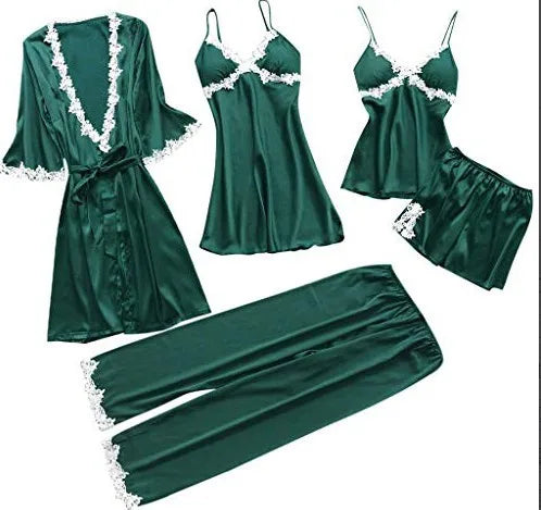 Conjunto de pijama de cinco piezas sexy con encaje, camisón, ropa de dormir, bata de baño de mujer de primavera y verano, traje de pijama de satén holgado para casa
