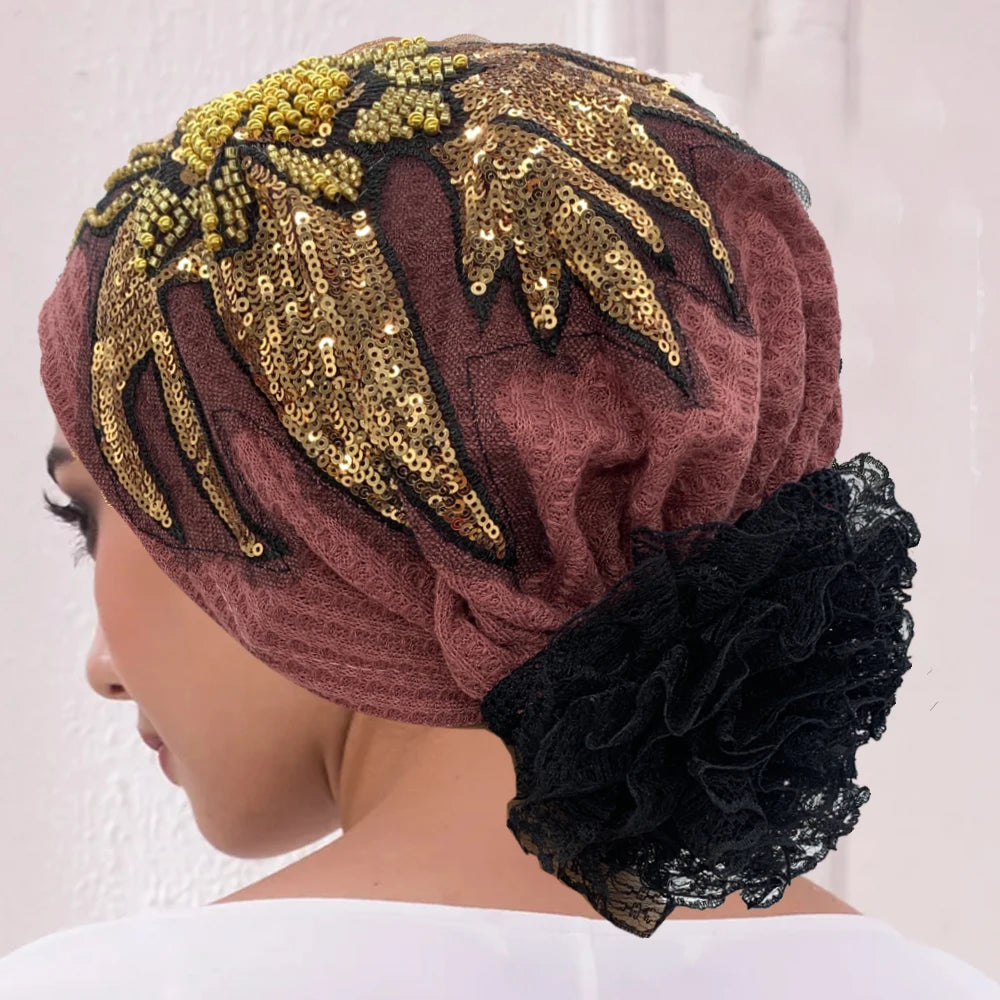 Sombrero turbante de encaje floral con diamantes de lujo, transpirable, pañuelo, gorro, envolturas para la cabeza, gorro de punto para mujer, cubierta para el cabello