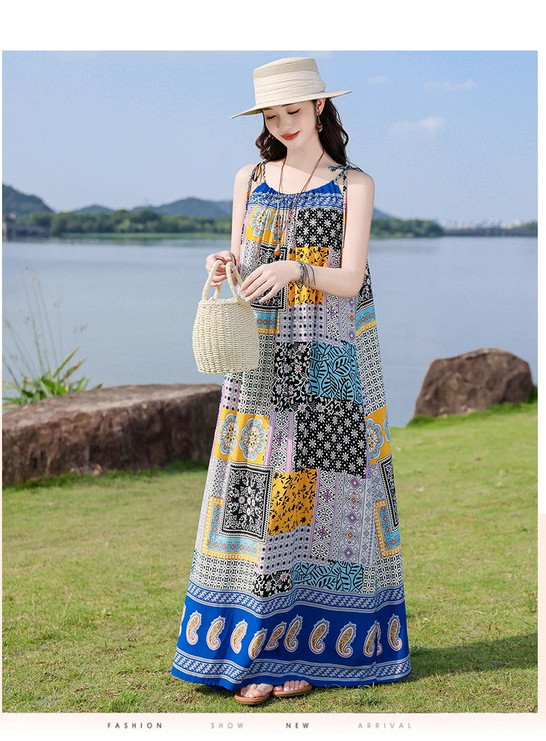 New Fashion Hot Summer Dresses For Women Casual Flower Print Floral Sleeveless Dress Vintage Dress Loose Women Clothing