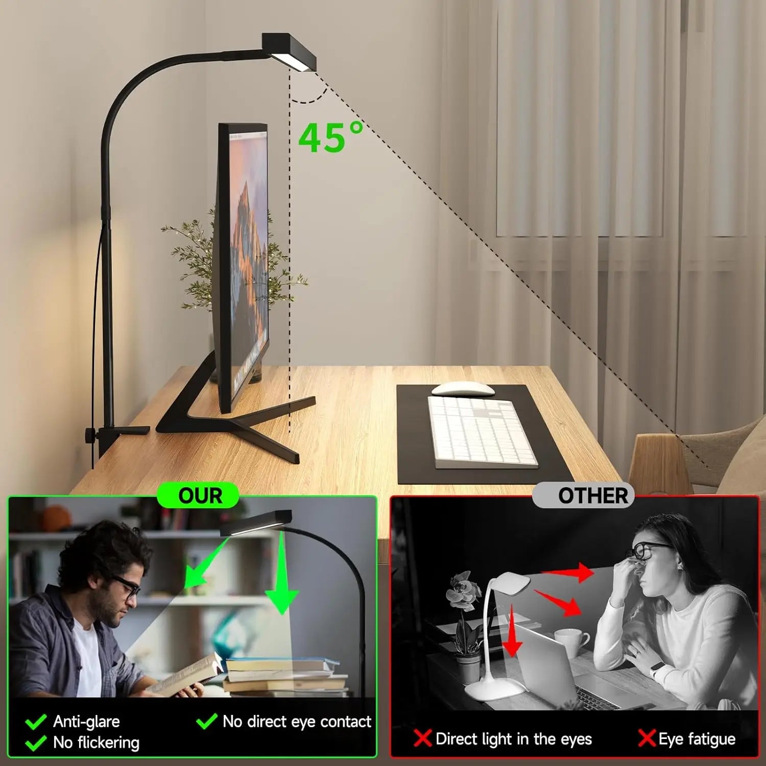 Lámpara de escritorio LED para oficina y hogar, luz de escritorio con cuidado ocular, atenuación continua, cuello de ganso flexible ajustable, lámpara de escritorio USB con abrazadera