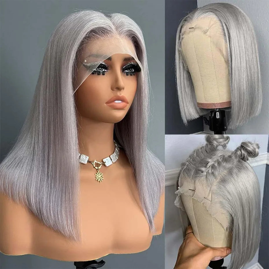 Silver Grey Bob Wigs Human Hair 13x6 HD Lace Frontal Wig Vietnamese Raw Short Straight Blunt Cut 613 Lace Frontal Wigs for Women