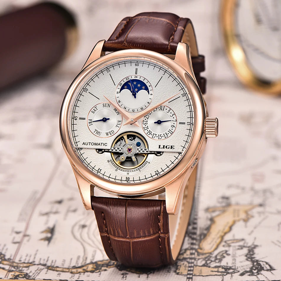 LIGE Relojes para hombre Reloj mecánico automático Reloj Tourbillon Piel auténtica Reloj impermeable Reloj de pulsera militar para hombre