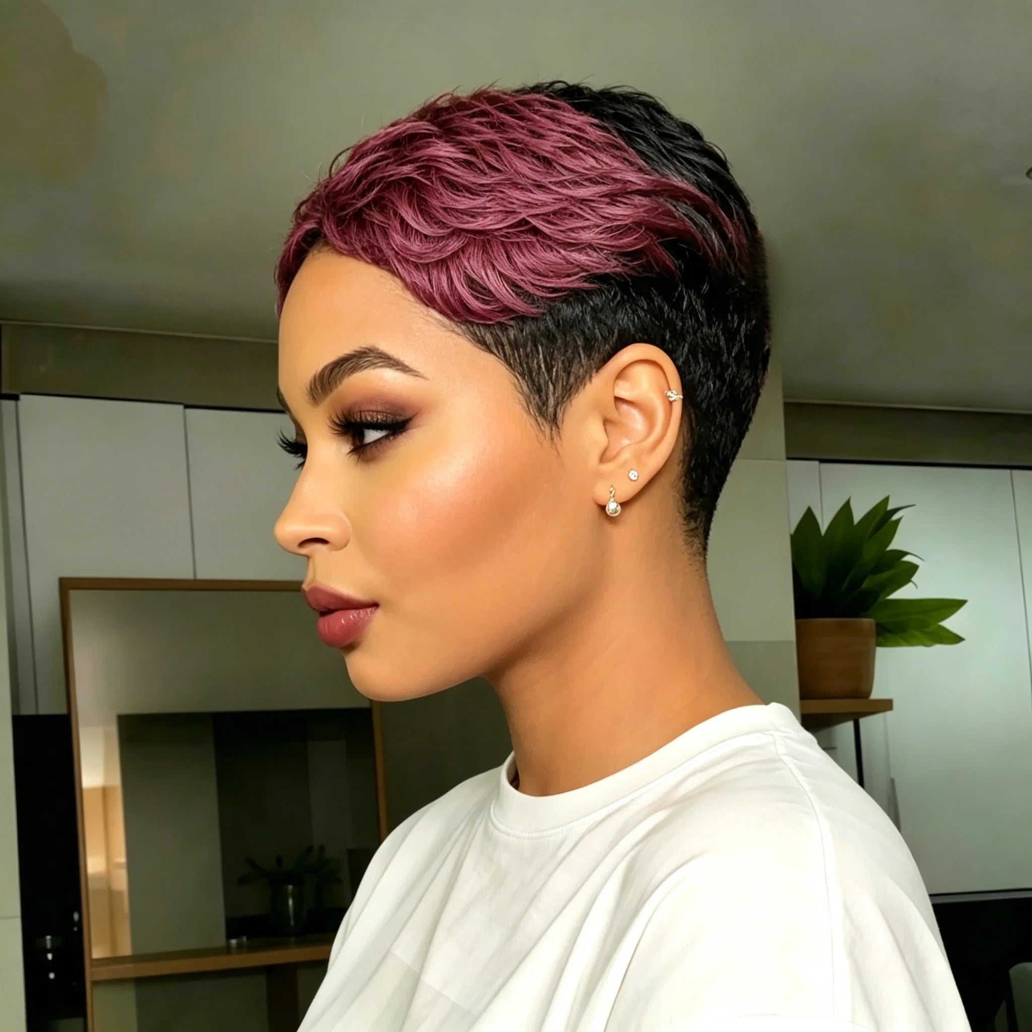 6 Inch Human Hair Pixie Cut Wig for Women Short Curly Wig Black and Honey Blonde Ombre Full Machine Made Wig