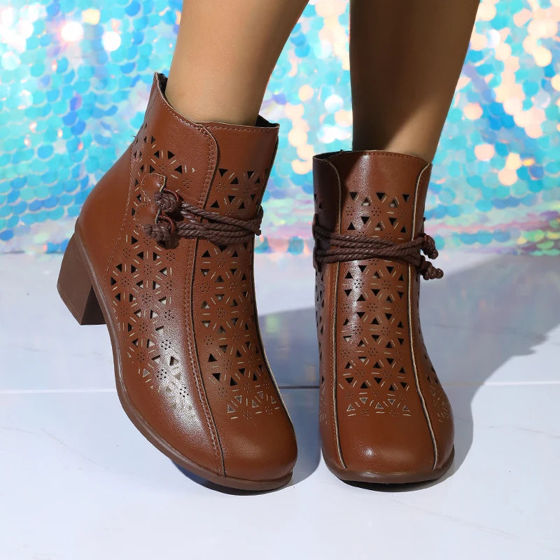 Women’s Hollow-Out Ankle Boots – Retro Mid-Heel Soft Sole Shoes