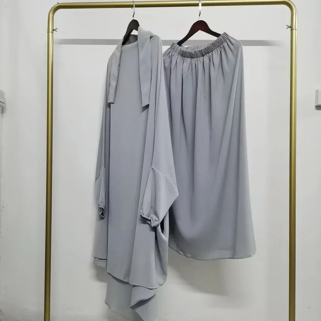 Conjuntos de falda de 2 piezas para mujer musulmana Eid, atuendos modestos, tops con capucha, faldas largas, conjunto Ramadán Marruecos Dubái Traje islámico