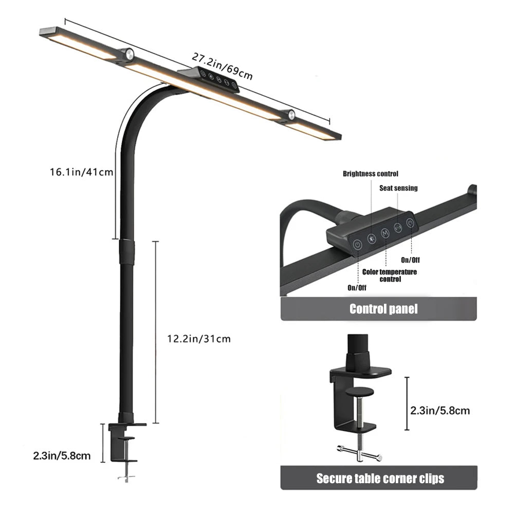 Lámpara de escritorio LED de oficina para el hogar, doble cabezal, atenuación continua, luces de lectura que cuidan la vista, 3 modos de color, lámparas de mesa de PC ajustables y flexibles
