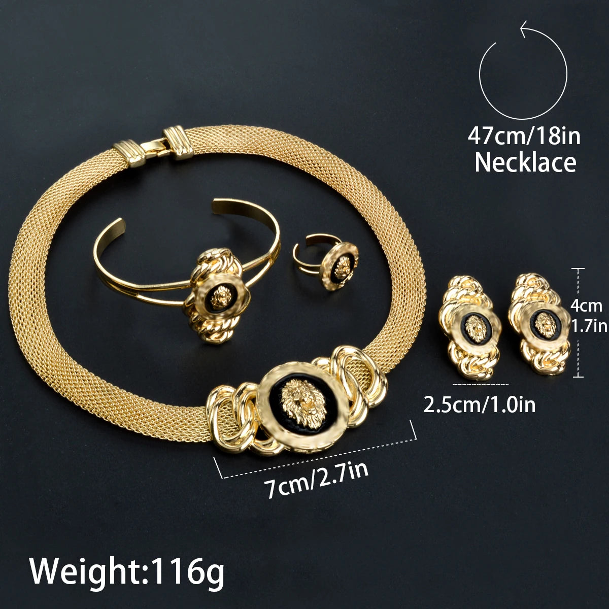Conjunto de joyas de lujo de Dubái para mujer chapado en oro de 18 quilates, collar de león, pulsera, anillo, pendientes, accesorios de joyería para boda nupcial
