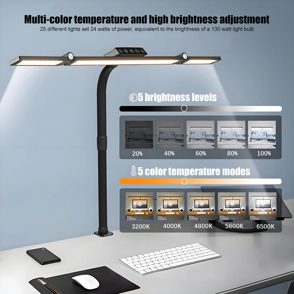 Lámpara de escritorio LED de oficina para el hogar, doble cabezal, atenuación continua, luces de lectura que cuidan la vista, 3 modos de color, lámparas de mesa de PC ajustables y flexibles