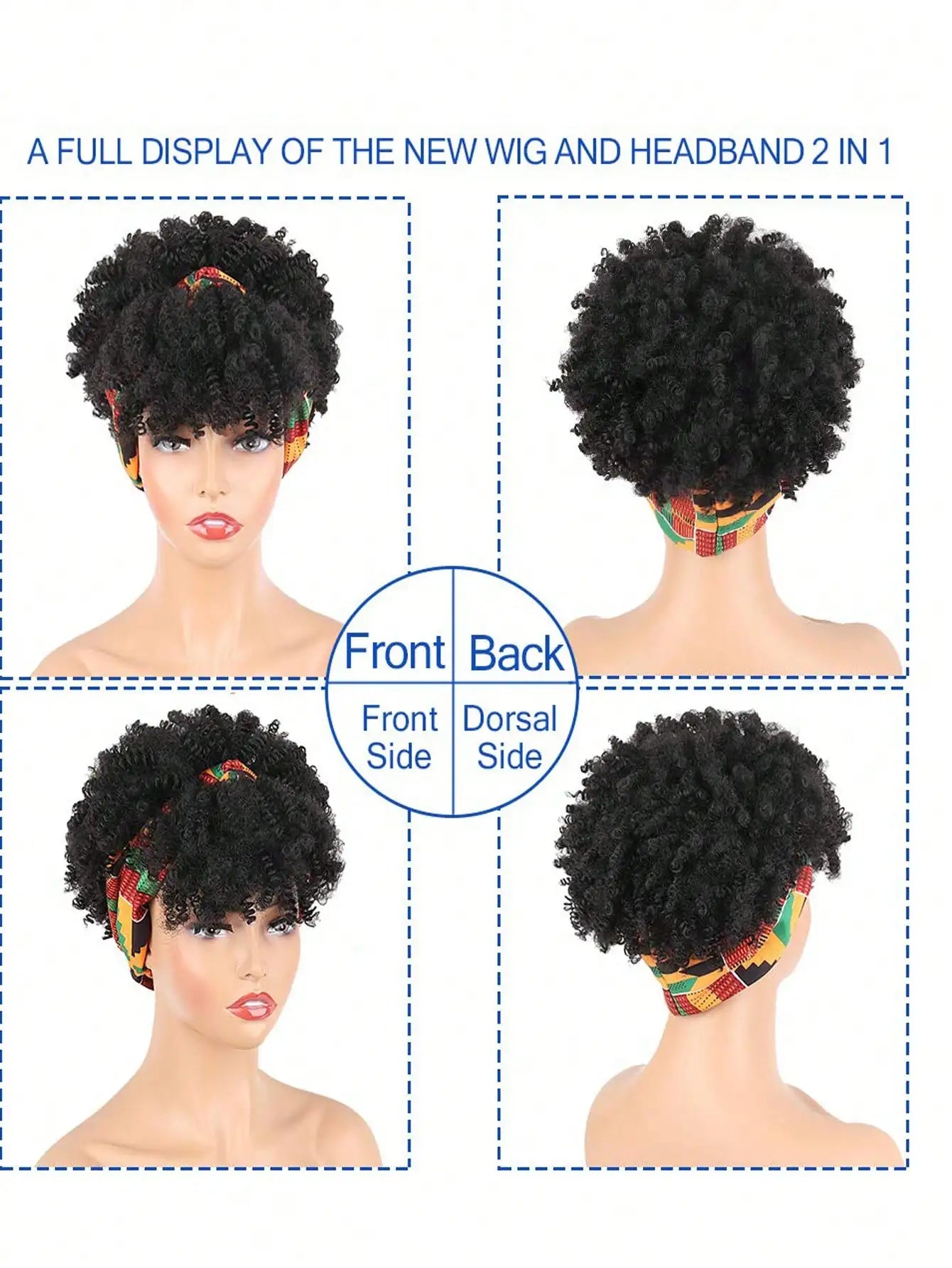 Short Afro Kinky Curly Headband Wig Glueless Ombre Turban Head Wrap Human Hair Wigs For African American Women Daily Cosplay 